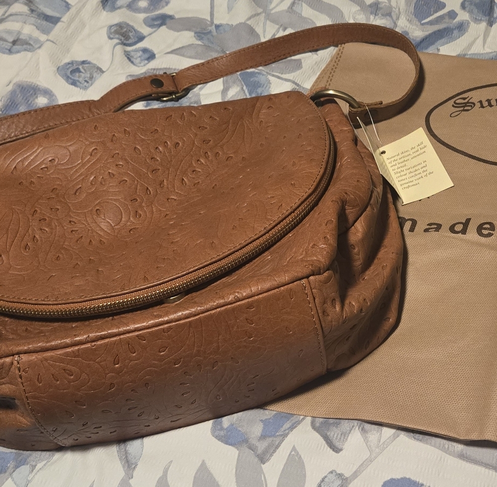 NWT Suede & Skin Brown Leather Embossed Shoulder Bag